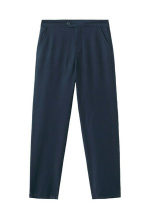 Pantaloni a gamba dritta di colore blu navy con tasche laterali, chiusura con bottone e zip, mostrati su uno sfondo bianco.