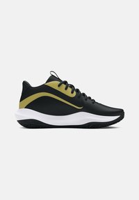 Black athletic shoe with a smooth synthetic upper, gold accent on the side, and a white sole. Features round laces and textured outsole.