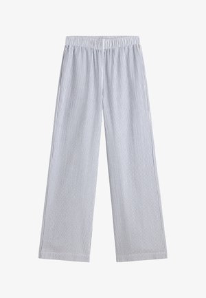 Losse broek met rechte pijpen, witte en dunne marineblauwe verticale strepen en een elastische tailleband.