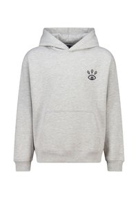Sweat à capuche gris clair avec une poche frontale, arborant un graphique d'œil noir sur la poitrine gauche et des poignets côtelés. Tissu doux et texturé.