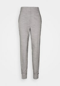 Pantaloni grigi sartoriali con una texture liscia, vestibilità slim e orli a manica. Presentano una vita a media altezza e un motivo intessuto discreto.