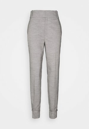 Pantaloni grigi sartoriali con una texture liscia, vestibilità slim e orli a manica. Presentano una vita a media altezza e un motivo intessuto discreto.