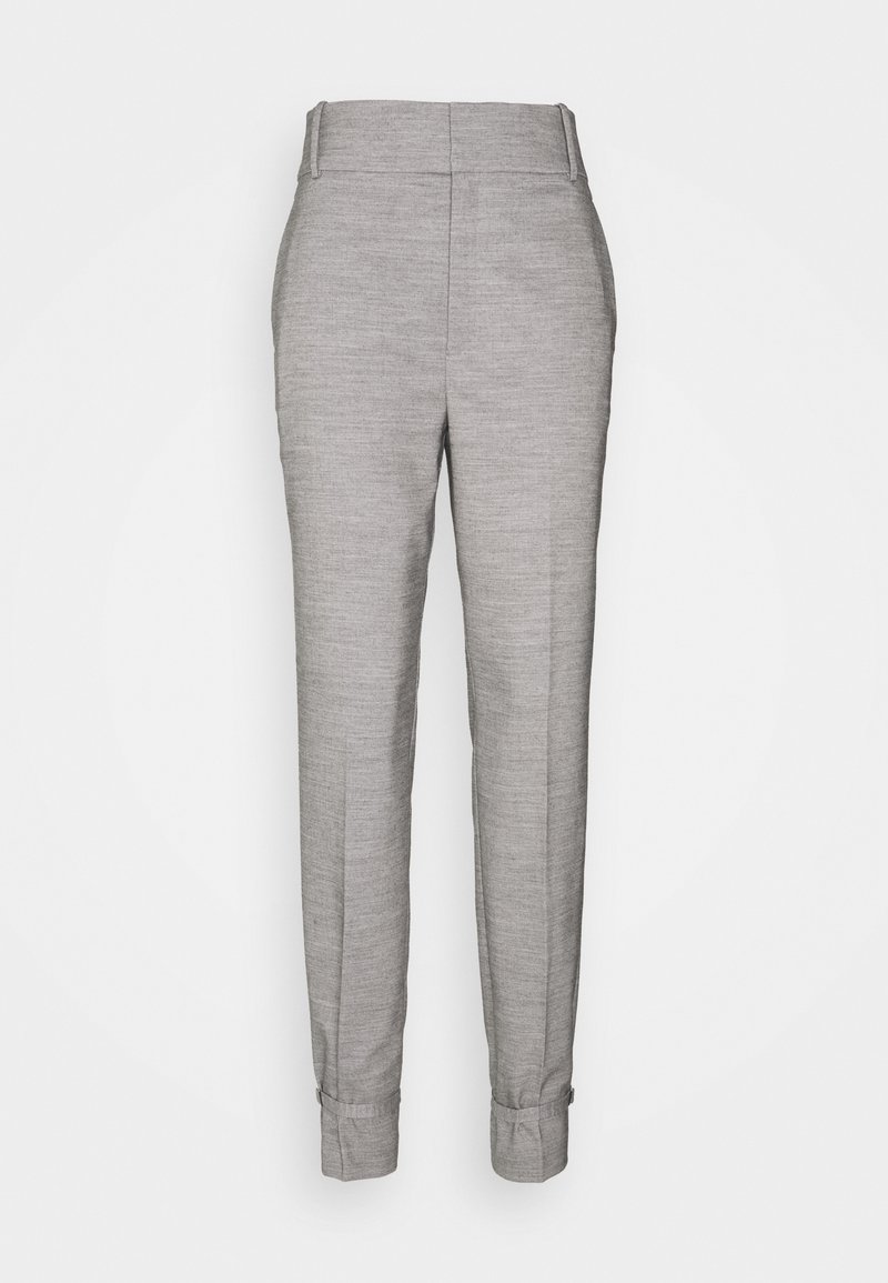 Pantaloni grigi sartoriali con una texture liscia, vestibilità slim e orli a manica. Presentano una vita a media altezza e un motivo intessuto discreto.