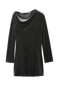 Haut en velours noir avec un décolleté drapé, des manches trois-quarts et de délicates paillettes sur tout le tissu. Texture lisse.