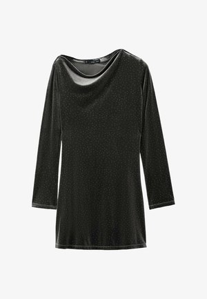 Top din catifea neagră cu decolteu drapat, mâneci trei sferturi și detalii delicate de strălucire pe întreaga țesătură. Textură netedă.