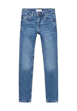 Blå slim-fit denimjeans med frontknap, lynlås, bæltestropper og fem-lomme design.