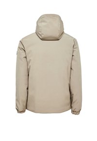 Beige Kapuzenjacke mit langen Ärmeln und elastischen Bündchen, von hinten vor weißem Hintergrund gezeigt.