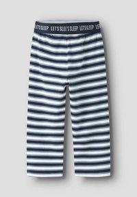 Navy sinise ja valgete triipudega magamishortsid, millel on "LET'S SLEEP" elastne vöökoht. Pehme materjal, kuni põlveni ulatuv lõige ja horisontaalsed triibud.