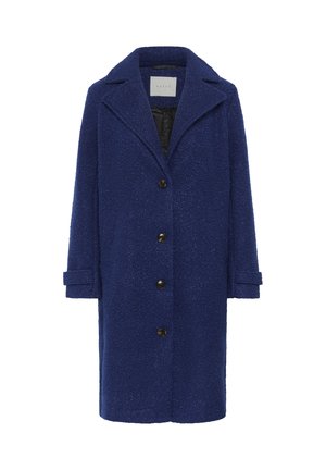 Manteau en laine mélangée bleu marine avec une surface texturée, manches longues, col à revers et cinq boutons sur le devant, avec des poignets cousus.