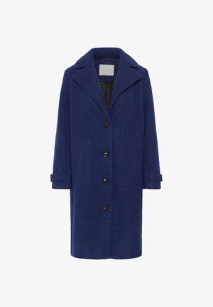 Manteau en laine mélangée bleu marine avec une surface texturée, manches longues, col à revers et cinq boutons sur le devant, avec des poignets cousus.