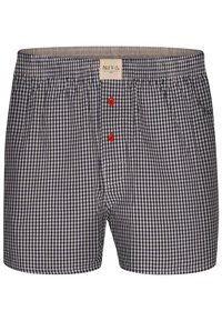 Boxer shorts pour hommes dans un motif vichy bleu marine et blanc, dotés d'une ceinture confortable, de deux boutons rouges et d'une poche plaquée sur le côté.