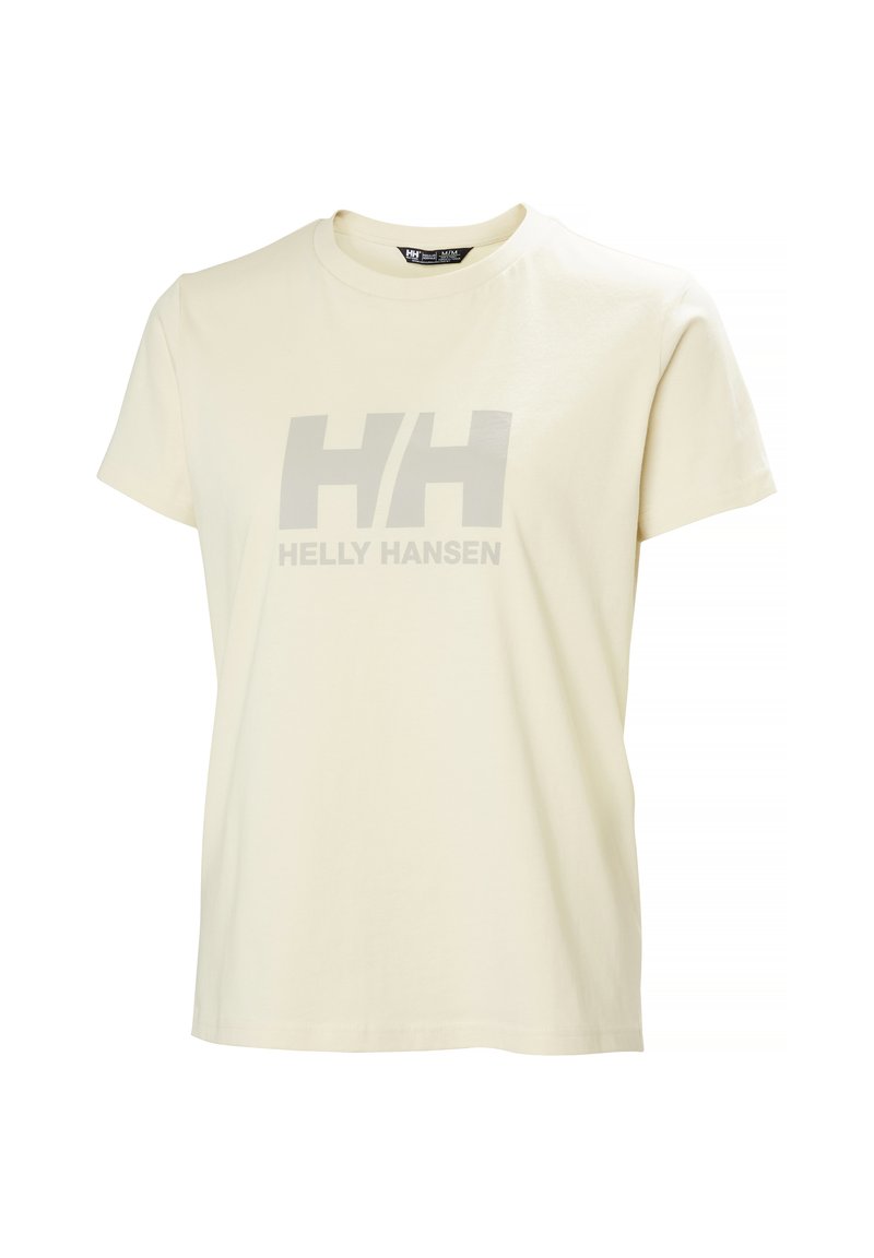Camiseta de manga corta color blanco hueso con cuello redondo y logo gris "HH Helly Hansen" centrado en el frente.
