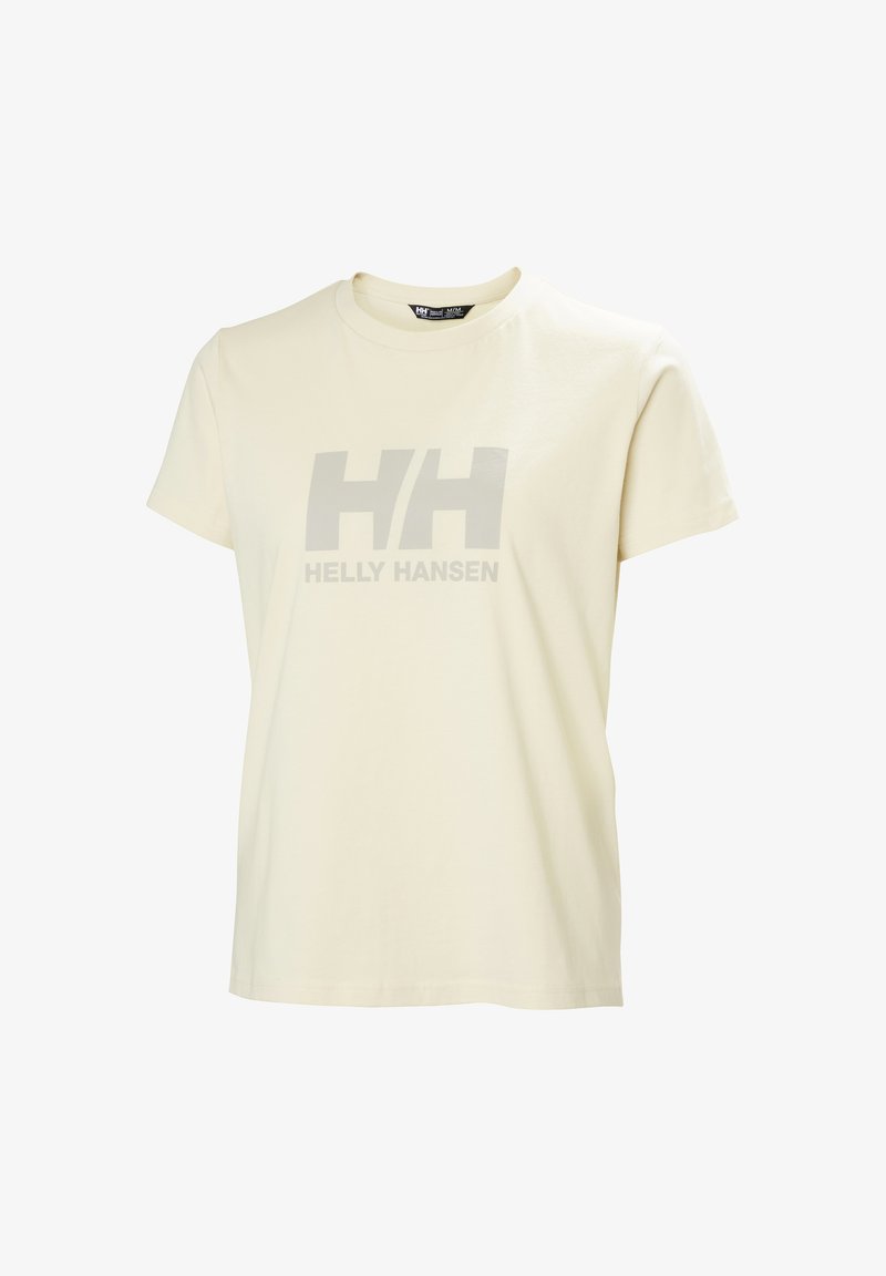 Camiseta de manga corta color blanco hueso con cuello redondo y logo gris "HH Helly Hansen" centrado en el frente.