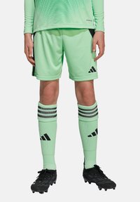 Muntgroen voetbaluniform met een lange mouwen shirt, broek en kniehoge sokken met zwarte strepen en accenten. Zwarte voetbalschoenen.