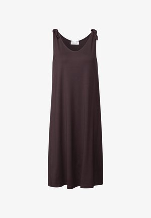 Abito senza maniche di colore marrone scuro realizzato in tessuto morbido, con scollatura rotonda e dettagli legati sulle spalline. Vestibilità semplice e ampia.