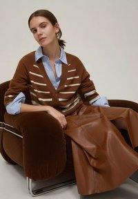 Cardigan a righe marroni realizzato in materiale morbido sopra una camicia azzurro chiaro con bottoni, abbinato a una gonna di pelle marrone, seduto su un soffice divano marrone.