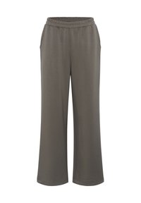 Wide-leg, dark gray elastic waist pants with side pockets, designed for casual wear.