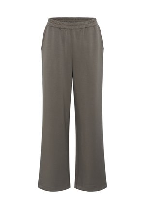 Wide-leg, dark gray elastic waist pants with side pockets, designed for casual wear.