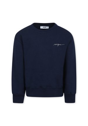 Granatowa bluza z okrągłym dekoltem, ściągaczami przy mankietach i u dołu. Posiada biały haftowany logo na lewej piersi. Miękka tekstura materiału.
