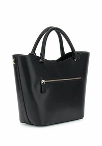 Bolso tote negro hecho de material sintético suave, con dos asas, un bolsillo frontal con cremallera y una forma estructurada.