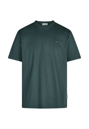 Dark green short-sleeve crew neck t-shirt with small embroidered logo on left chest and fabric brand tag on left side seam.