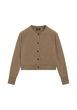 Brown cropped cardigan made of soft fabric, featuring a rounded neckline, front buttons, and ribbed cuffs and hem.