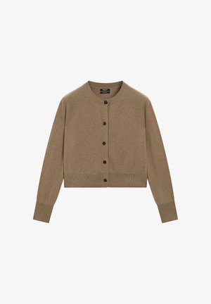 Bruine cropped cardigan van zacht materiaal, met een ronde halslijn, knopen aan de voorkant en ribbelmanchetten en -zoom.