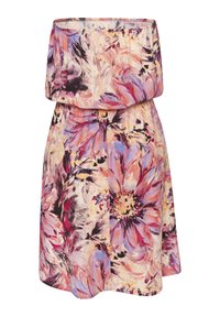 Blumenkleid mit einem lebhaften Druck von rosa und lila Blumen auf hellem Hintergrund, mit trägerlosem Design und fließendem Stoff.