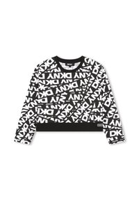 Sweat-shirt noir et blanc coupé présentant un motif chaotique et superposé du logo DKNY. Manches longues avec un col et un ourlet en rib de couleur noire.