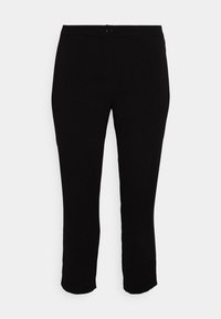 Svarta byxor med rak passform, tillverkade av ett slätt tyg. Har en midja med knappstängning och inga synliga fickor.