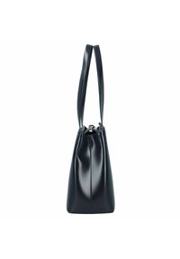 Borsa a mano in pelle nera con una consistenza liscia, forma a secchiello e doppie cinghie sottili. Caratterizzata da una chiusura sicura nella parte superiore.