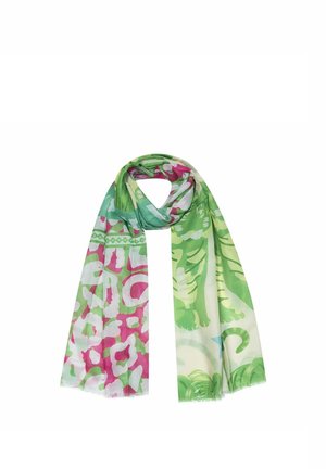 Lightweight scarf with abstract floral patterns in pink, green, and white, loosely draped with fringed edges on a white background.