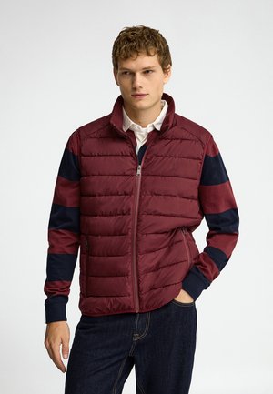 Giovane uomo che indossa un gilet trapuntato color granata sopra una camicia a righe rosse e blu scuro a maniche lunghe e jeans blu scuro, in piedi con una mano in tasca.