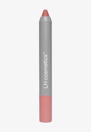 Kredka do ust LH Cosmetics z szarym korpusem, różowym końcem i matowym wykończeniem. Na szarej części znajduje się nazwa marki drukowana na biało.