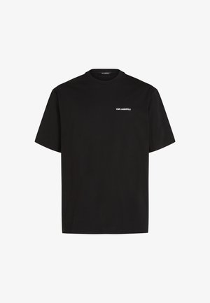 Fekete pamut póló rövid ujjú, kerek nyakkivágással és fehér "Karl Lagerfeld" logóval a bal mellrészen. Egyszerű dizájn, normál szabás.