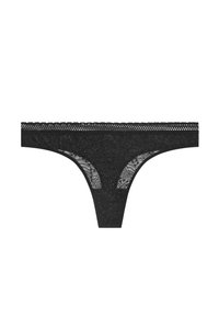 String noir en dentelle avec un motif floral, comportant un bord festonné et des côtés transparents, mettant en avant des détails de design complexes et une texture raffinée.
