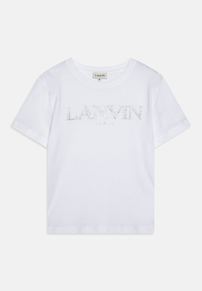 T-shirt de algodão branco com um logo "LANVIN" em glitter prateado na frente. Decote redondo clássico e mangas curtas.