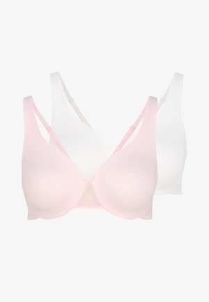 Twee bh's: één in het roze en één in het wit. Beide hebben een gladde stof, gepolsterde cups, verstelbare bands en een decoratief netpaneel met bloemenborduurwerk.