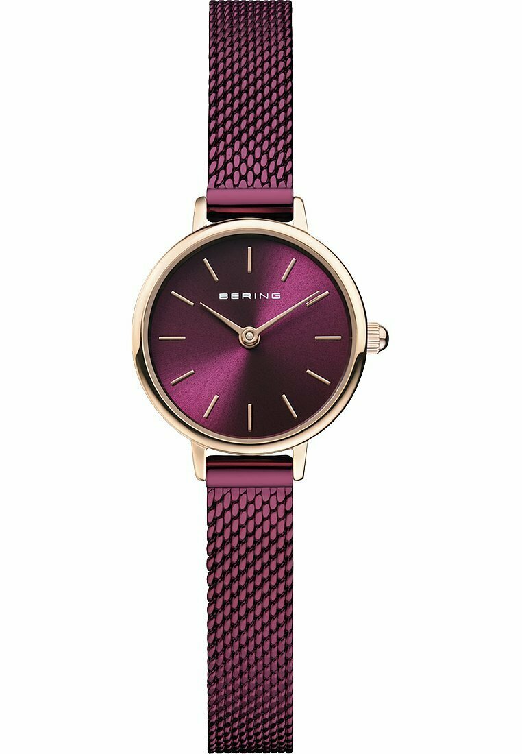 Bering watch with a round gold case, deep purple gradient dial, gold hour markers, and a textured purple mesh strap.