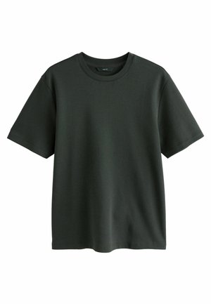 Ciemnozielona koszulka bawełniana z krótkimi rękawami i okrągłym dekoltem. Gładka faktura, prosty design, bez widocznych wzorów ani zdobień.