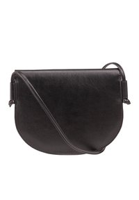 Black leather crossbody bag with a rounded shape, featuring a sleek design, smooth texture, and a thin adjustable strap.