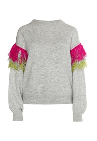 Grijze sweater met een ronde hals, voorzien van levendige roze en groene franjes op de mouwen. Zachte textuur en een ontspannen pasvorm, met geribde boorden.