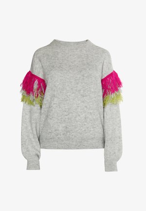 Hallide hallide, roosa ja roheline peenike fraktsioon käiste peal. Pehme tekstuur ja vaba lõige, soonikuvarrukad.