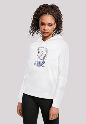 Hvid hoodie med en frontlomme; har et trykt grafik af en karakter i blå nuancer. Blødt stof med et afslappet fit design.