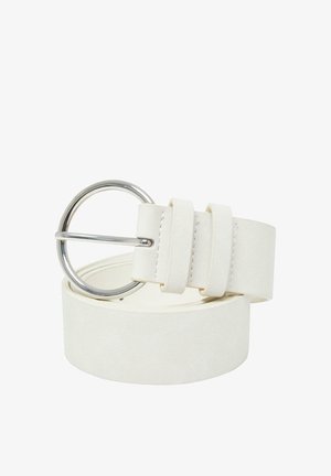 Curea din piele ecologică albă, cu o cataramă rotundă din argint. Prezintă o textură moale, două bucle pentru curea și o curea largă, netedă.