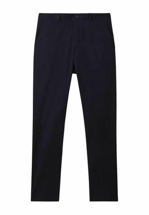 Pantaloni din bumbac de culoare albastru marin, cu croială dreaptă, având închidere cu buton și două buzunare laterale. Textură netedă, fără modele vizibile.