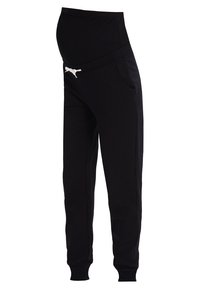 Black maternity sweatpants with a high waist, drawstring accent, side pockets, and tapered legs. Made from soft, stretchy fabric.