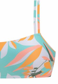Multikleurige bikini-top met een bloemenpatroon in teal, oranje en roze. Gemaakt van gladde, rekbare stof met dunne bandjes.
