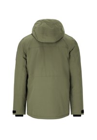 Olivegrüne isolierte Jacke mit Kapuze, glattem Stoff, verstellbaren Manschetten und Nahtdetails auf dem Rücken. Schwarze Akzente an den Manschetten.