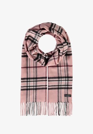 Sciarpa a quadri rosa con accenti neri e bianchi, caratterizzata da bordi frangiati e un'etichetta con logo, realizzata in un materiale morbido e testurizzato.